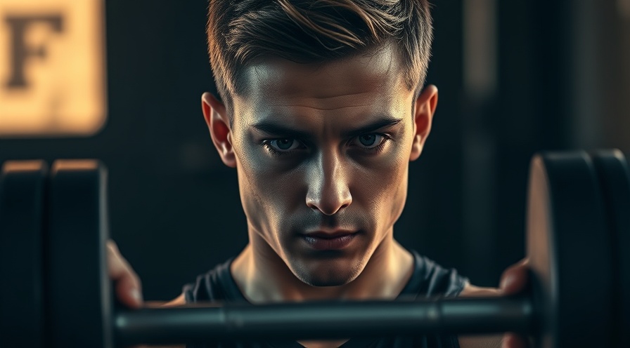 Determined young adult lifting weights with intense focus in golden hour light.