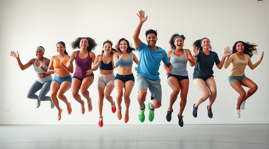 Energetic diverse young adults leaping in sync during a dynamic fitness class.