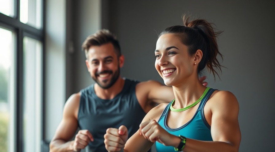 Energetic personal trainer motivates a smiling client during workout, natural light.