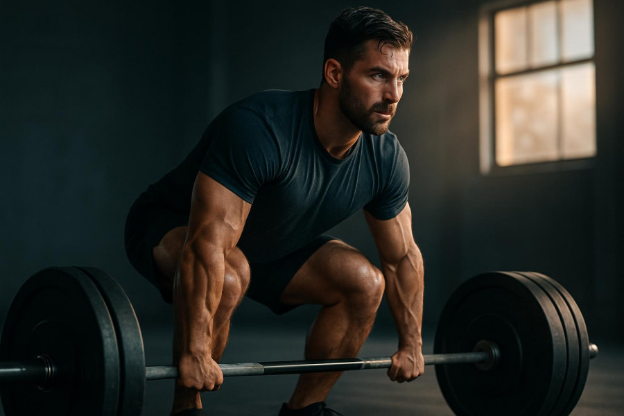 Strong athlete deadlifting for muscle growth in a focused workout routine.