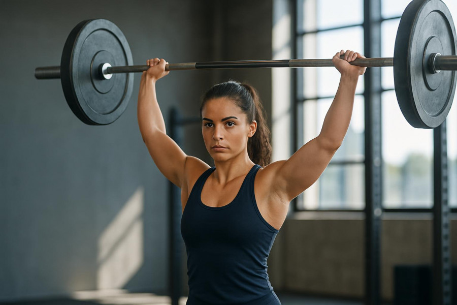 Fit woman confidently lifting a barbell, embodying strength training and building muscle mass.