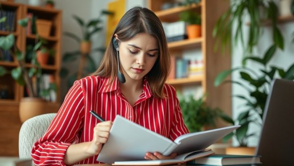 Young woman planning HVAC service schedule in home office.