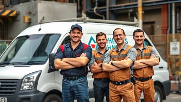 HVAC business owners posing proudly by company van.
