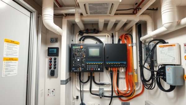 HVAC system control panel in utility room showcasing pipes and cables.
