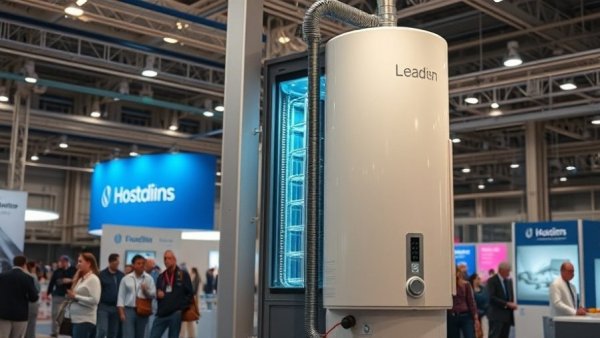 Modern high-efficiency water heater display at an industrial exhibit.