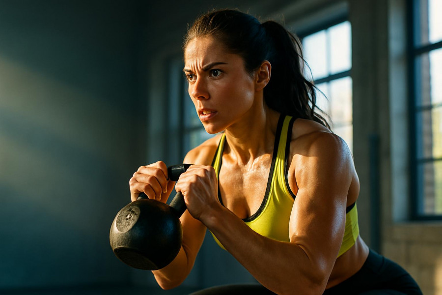 Athletic woman focused on lifting a kettlebell, showcasing effective strength training.