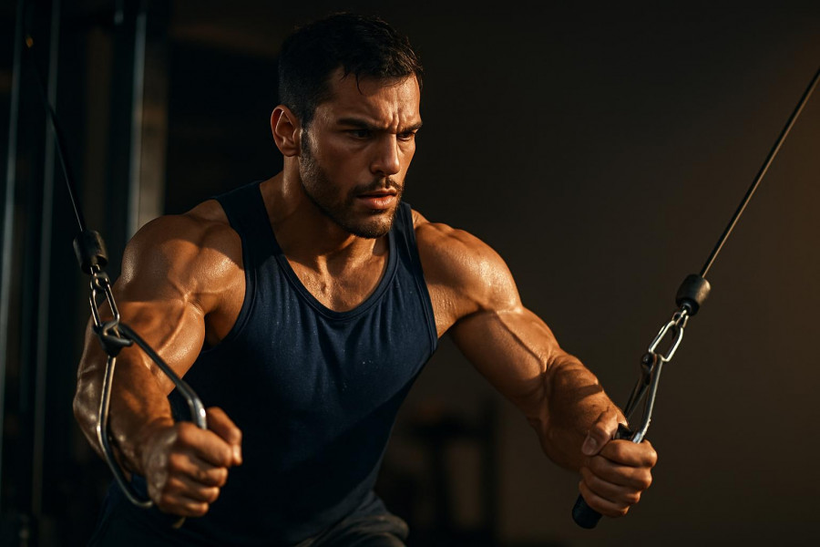 Athletic man performing cable chest fly, showcasing strength training and workout efficiency.