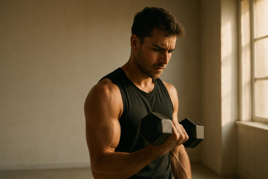 Confident young adult lifting dumbbell in sunlit room for efficient training.