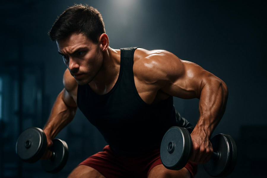 Fit young adult performing rear deltoid training with dumbbells in a focused gym setting.