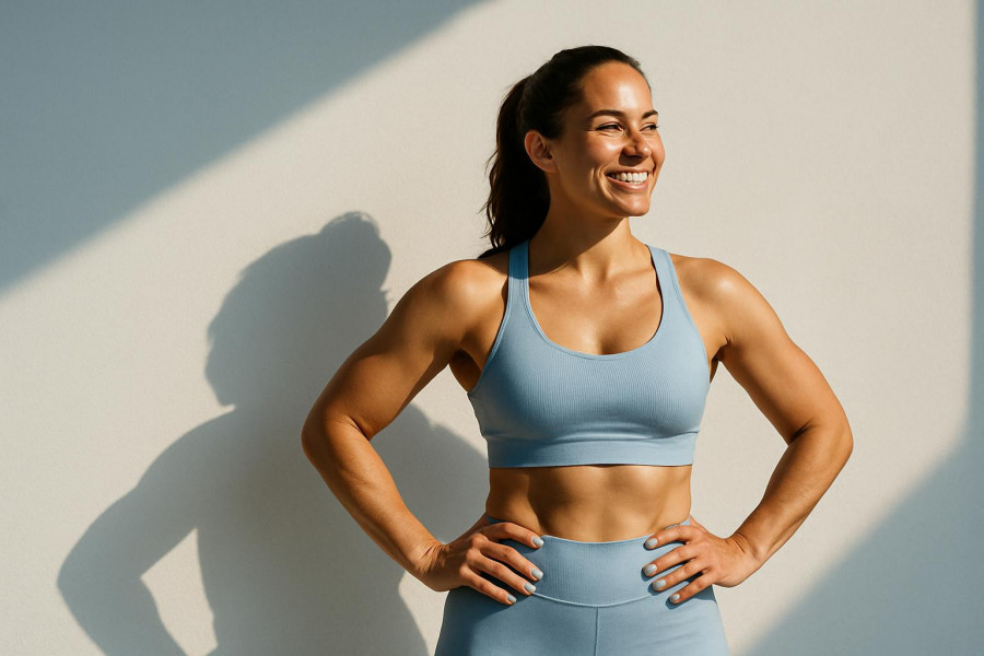 Confident woman embracing her fitness journey with personalized coaching.