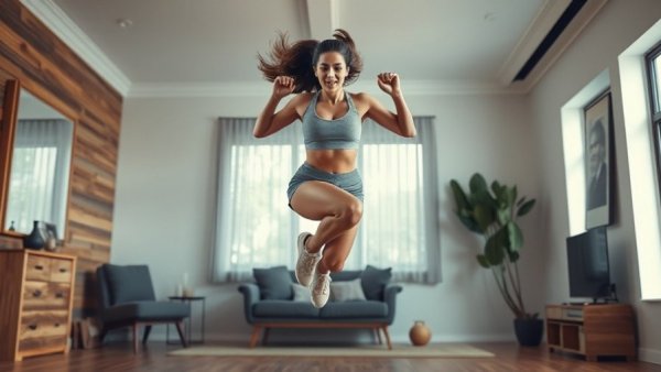 Energetic woman exercising indoors in a modern gym, lively action.