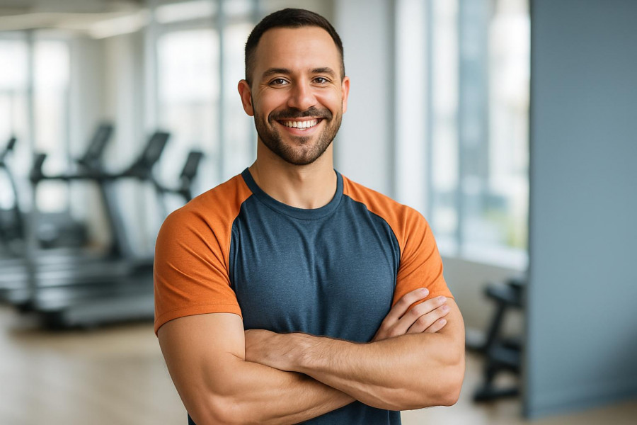 Confident personal trainer smiling in a bright gym, emphasizing trainer qualifications.