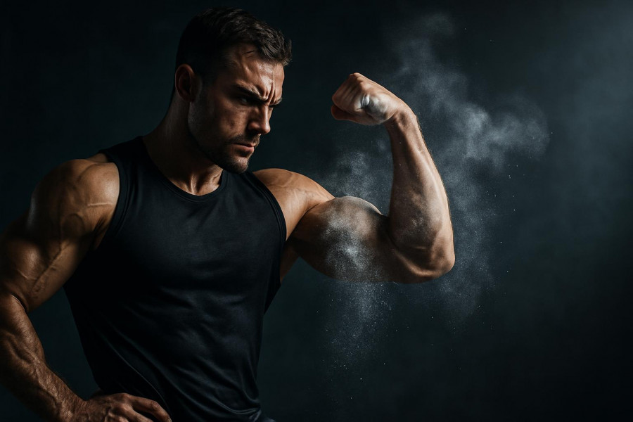 Athletic man showcasing deadlift training techniques with intense focus in a gym setting.