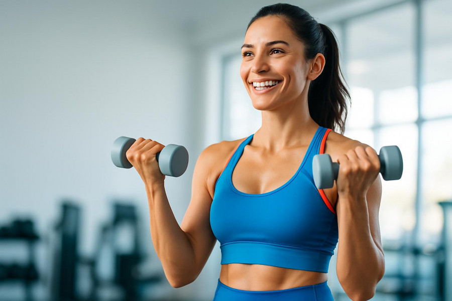 Smiling athletic woman lifting light dumbbells in vibrant activewear, focused on strength training.