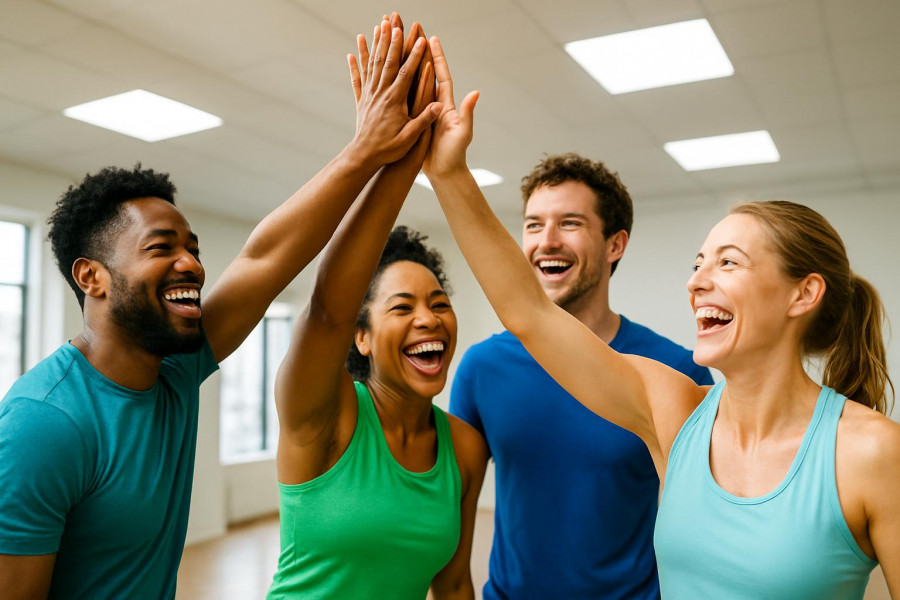 Energetic diverse adults in activewear smiling and high-fiving in fitness studio.