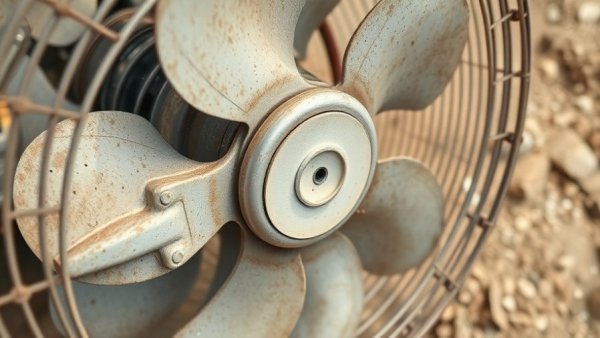Weathered AC fan with bent blades indicating issues.