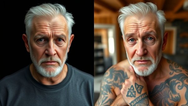 Elderly man's body transformation before and after comparison.