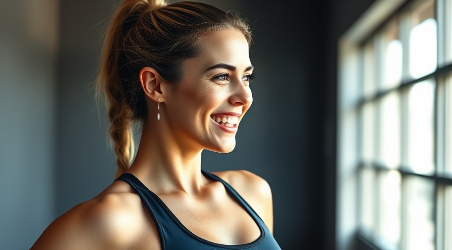 Athletic woman in activewear smiling, relieved in a minimalist gym setting.