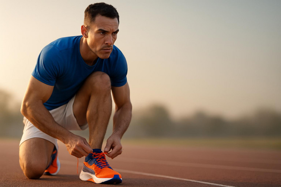 Athletic person lacing up HYROX footwear, ready to race in bold neon sneakers.