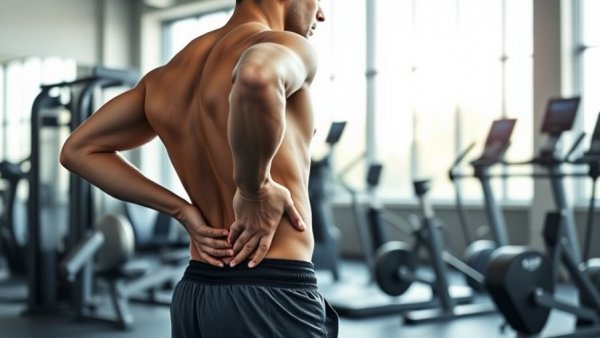 Man experiencing lower back pain in a gym setting while training.