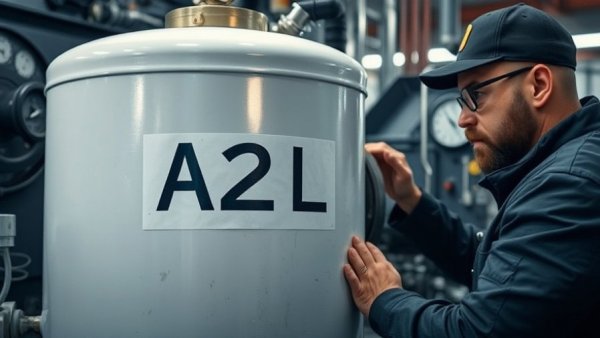 A2L refrigerant cylinder in industrial setting with technician.