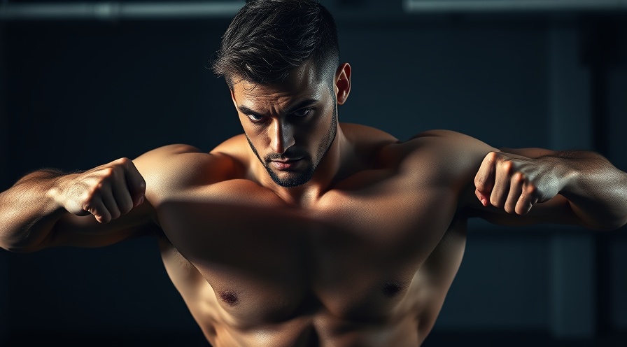 Empowered athlete flexing muscles in a minimal gym, showcasing muscle growth methods.