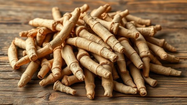 Ashwagandha roots on a wooden board, boosting muscle gains.