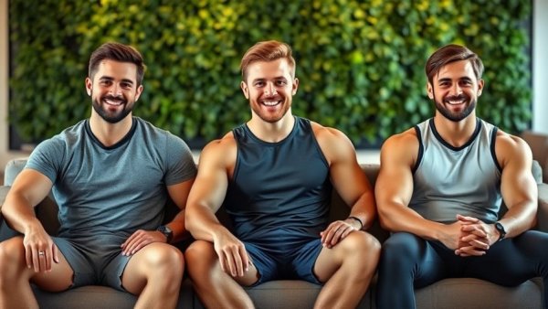 Three men in casual athletic wear, smiling, indoor greenery background.