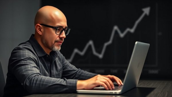 Businessman focused at laptop with growth chart, motivating success.