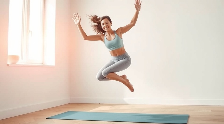 Joyful woman mid-leap on yoga mat, showcasing effective cardio workouts in bright studio.