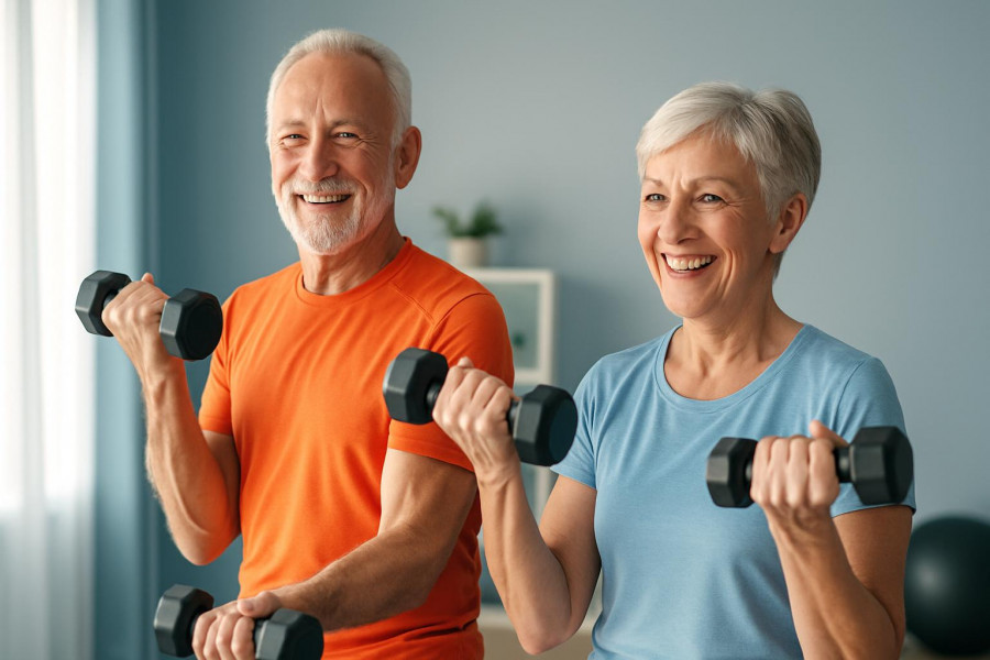 Energetic older couple lifting dumbbells in a bright home gym for strength training over 50.