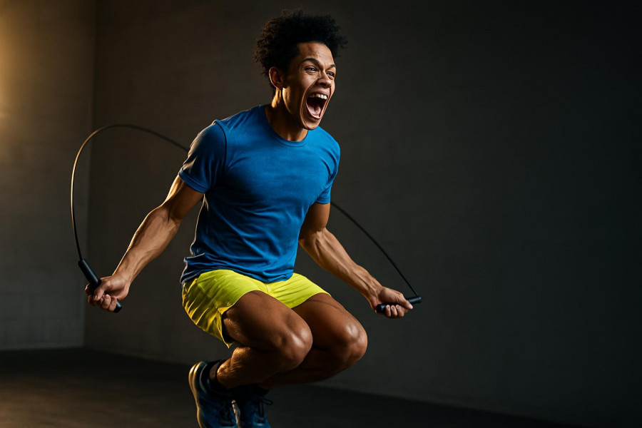 Energetic young athlete mid-jump with jump rope, showcasing HIIT exercises for fat burning.