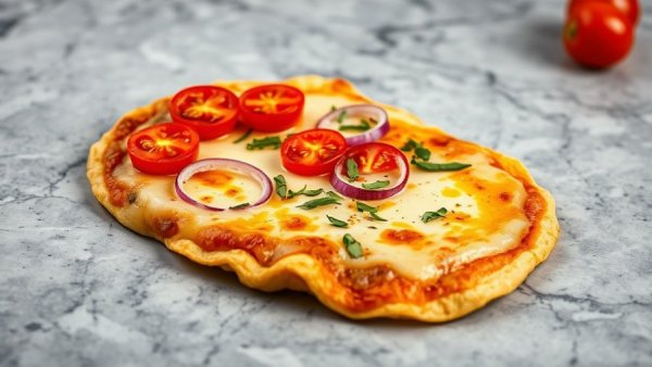 High-protein pizza omelette with cherry tomatoes and onions.