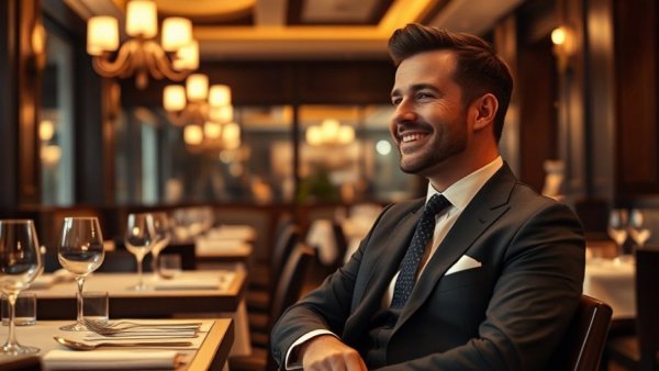 Confident man sitting in an upscale restaurant, showcasing style and elegance.