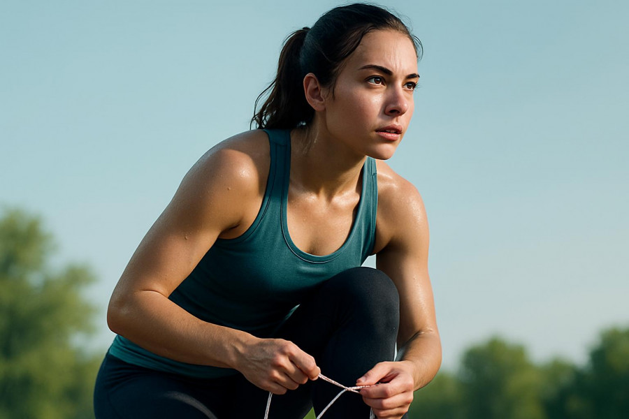 Determined young woman tying shoelaces, embodying nutrition and healthy living.