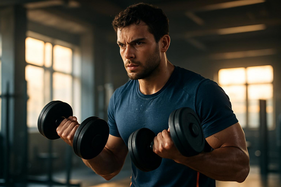 Confident young man lifting dumbbells, showcasing fitness for beginners and workout tips for men.