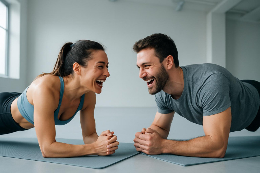 Fit couple laughing in plank position, showcasing core strength and teamwork.