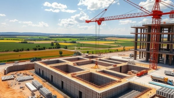 Construction site of future-proof mechanical systems data center with a crane.