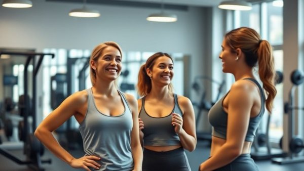 Women discussing the best workout schedule for weight loss in a gym setting.