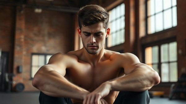 Exhausted man in gym reflecting on common muscle-building mistakes.