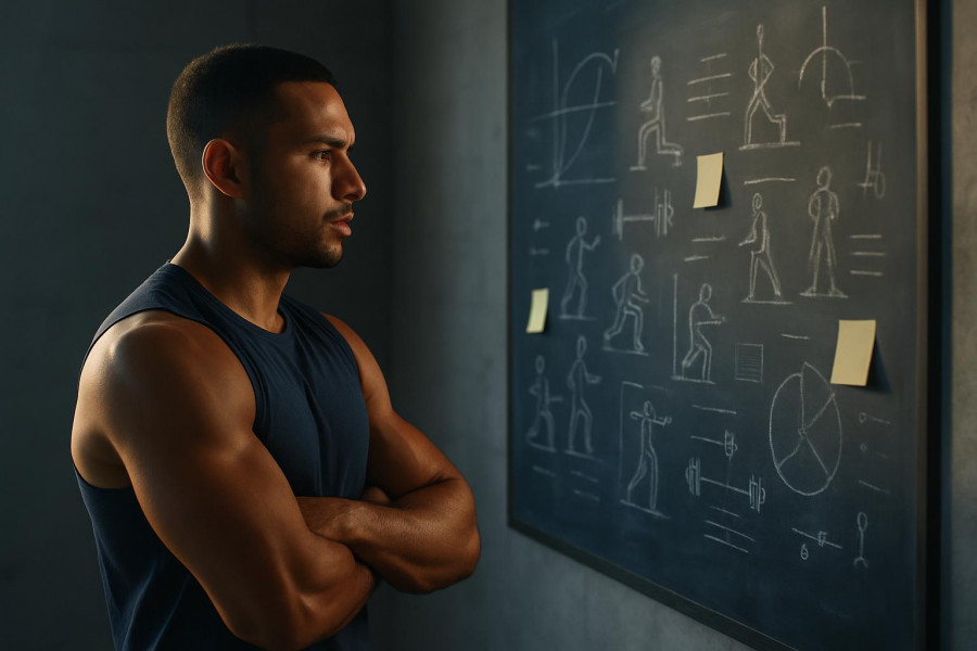 Determined athlete reviewing program flexibility strategies in an early morning gym.