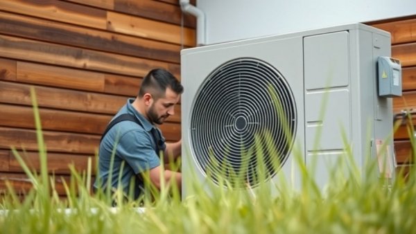 Technician working on HVAC electrification strategies outside home.