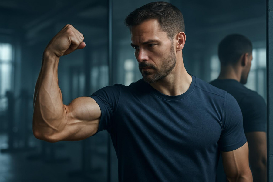 Determined trainer assessing muscle definition, highlighting fitness nutrition and muscle preservation.