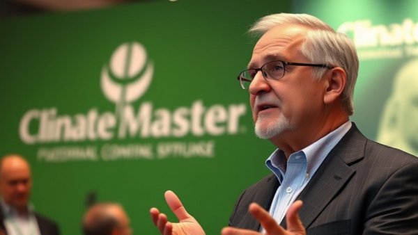 Older man discussing geothermal market trends at a conference.