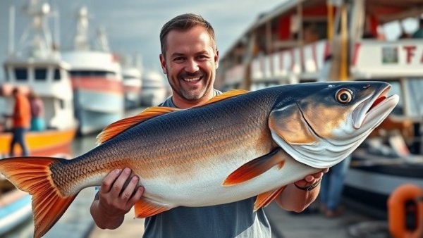 Man showcasing catch by harbor, vibrant and lively scene.