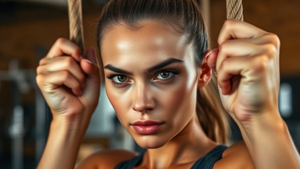 Athletic woman focusing on grip strength with gymnastic rings.