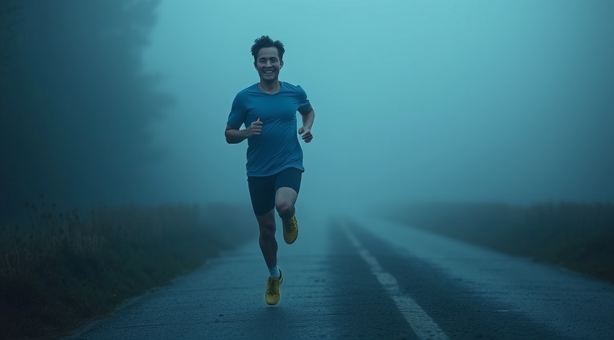 Determined runner on foggy path, showcasing resilience through running.