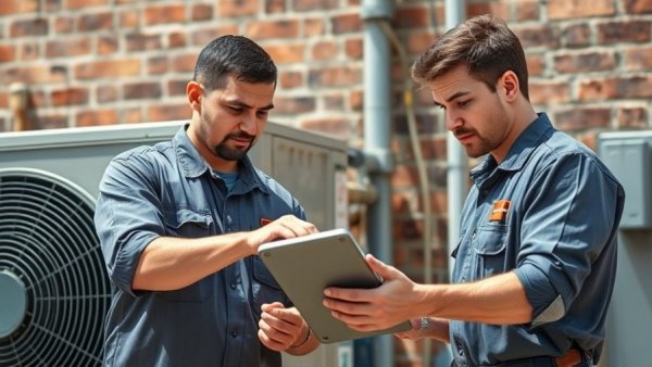 Technicians using AI in HVAC maintenance outside.