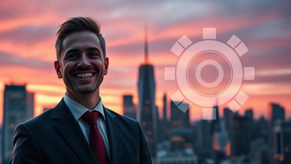 Engineer with city skyline, high-rise HVAC technology theme.