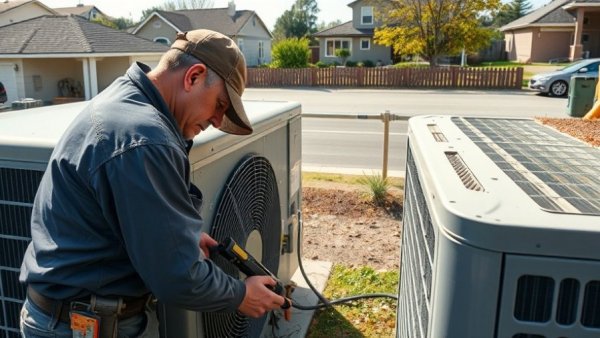 Outdoor HVAC technician adjusting an AC unit in a residential setting.